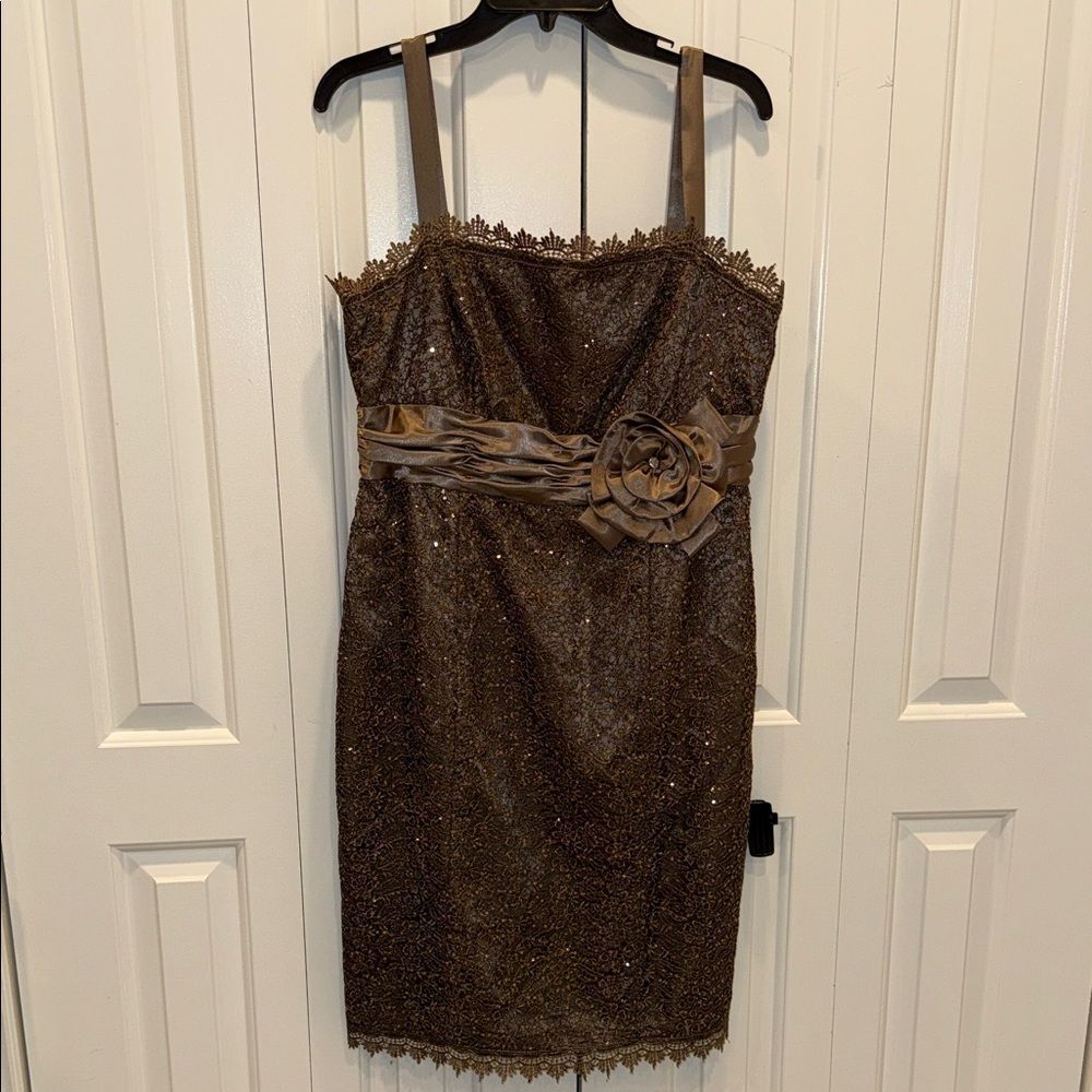 R&M Richards Brown Sequin Midi Dress with Sash and Floral Accent